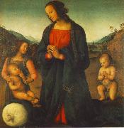 PERUGINO, Pietro Madonna, an Angel and Little St John Adoring the Child (Madonna del sacco) R oil on canvas